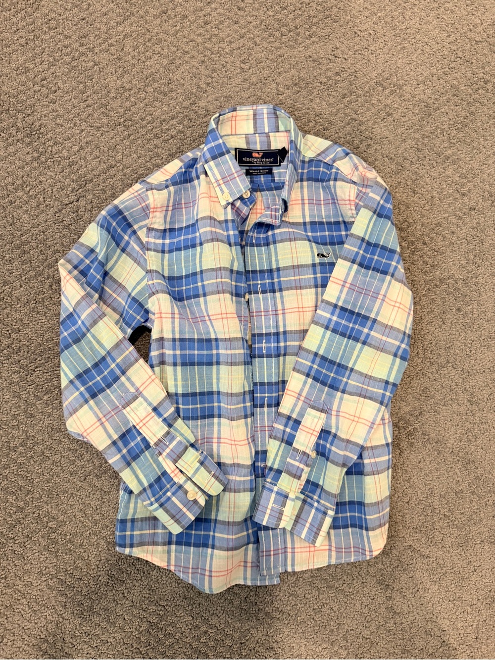 Vineyard Vines Boys Blue, White & Pink Plaid Button-Down
